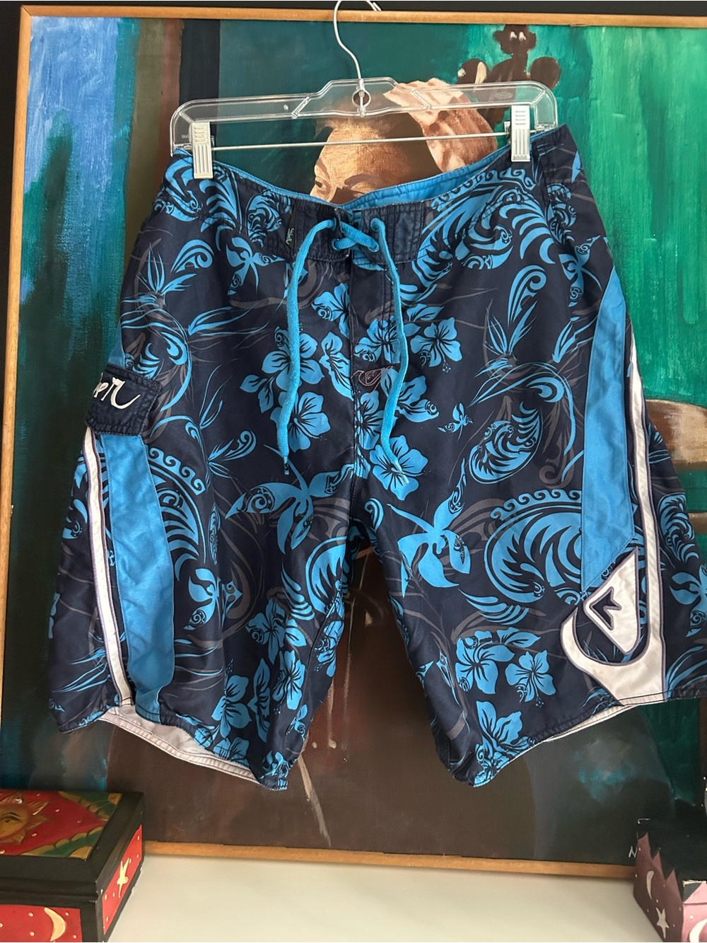 Quiksilver Y2K Blue Floral Hawaiian Board Shorts Swim Trunks Men’s 32